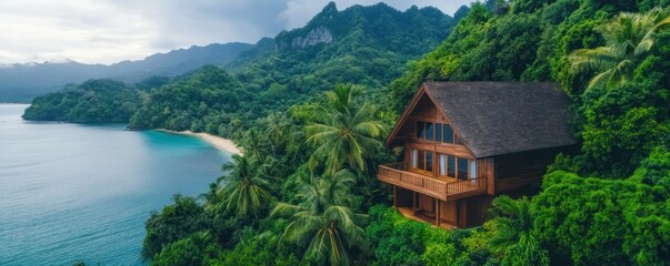 Naklejka premium Escape to a serene beachside cottage enveloped in lush greenery, with stunning ocean views from the porch, embodying the essence of Summer Vibes Picture yourself on vacation, enjoying leisurely days