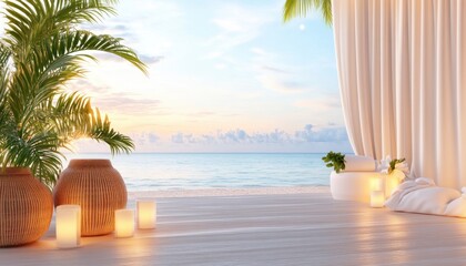 Obraz premium Escape to Paradise Experience the Ultimate Luxury Spa Getaway on a Tranquil Beach Soft white curtains dance in the breeze, creating a summer vibes scenery Indulge in wellness amidst stunning ocean