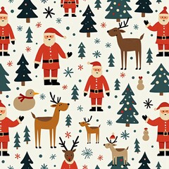 Christmas wrapping paper with reindeer, trees and Santa Claus