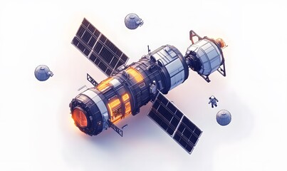 Satellite, astronaut, and orbs float against white backdrop.