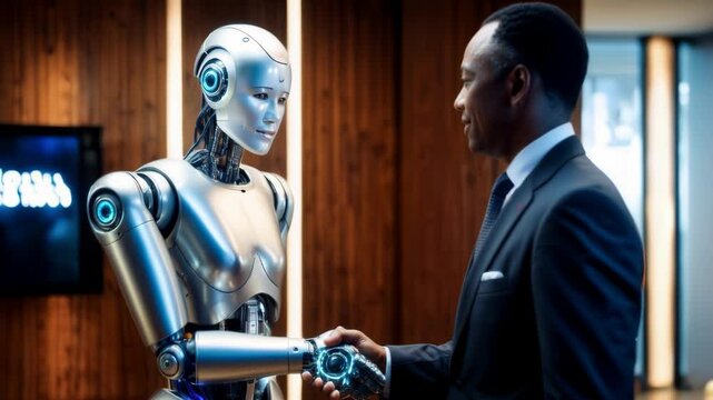Humanoid robot shaking hands with senior businessman in office setting. Human-robot interaction, professional collaboration between artificial intelligence and humans. Machine learning in business