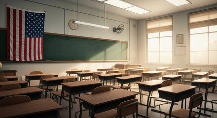 Empty classroom with rows of desks, American flag, chalkboard, and sunlight from windows