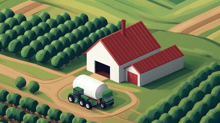 Fototapeta premium Agricultural Supply Chain Transparency Illustrated: A Farm Landscape with Green Fields, Trees, Barns, and Machinery for Enhanced Visual Representation