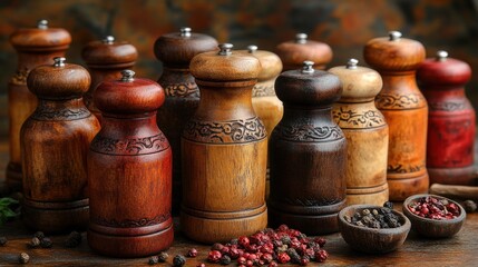 a group of pepper grinders