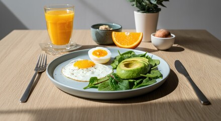 Healthy breakfast with eggs, avocado, greens, and orange juice