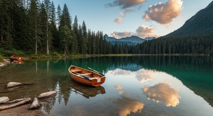 Peaceful lake with reflections, mountains, trees, and wooden boat