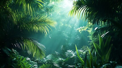 Sunlight filtering through lush tropical jungle. Concept of nature, wilderness, and adventure.