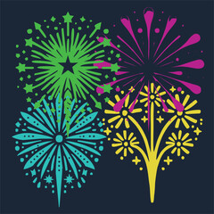 Fireworks with stars and sparks . Festival colorful fireworks. Holiday vector set.