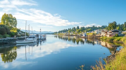 Peaceful waterfront town, calm harbor, tranquil bay. Concept of relaxation, vacation, and scenic beauty.
