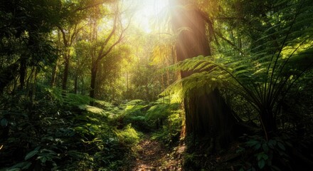 Obraz premium Sunlight beams through lush, dense tropical rainforest with towering trees and green foliage