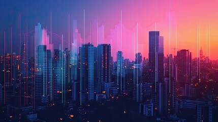 Fototapeta premium Vibrant city skyline at sunset with data overlay.