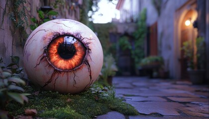 Get ready for a spine-chilling Halloween with this eerie eyeball invitation A spooky and festive design perfect for your celebration, features a large eyeball on a mossy surface with a dark and