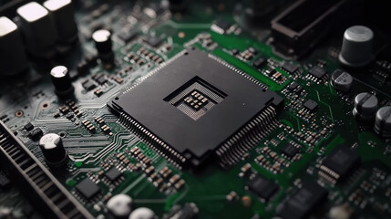 Fototapeta premium Close-Up of GPU Chip on Green Motherboard: Technology for Gaming and Computing