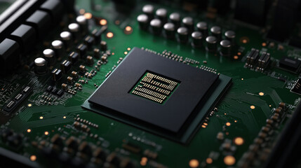 Fototapeta premium Close-Up of GPU Chip on Green Motherboard: Technology for Gaming and Computing