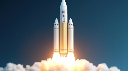 Rocket launching into the sky with powerful flames and smoke.