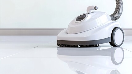 White vacuum cleaner on shiny floor.