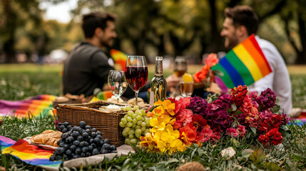 Two men having a picnic in a field, surrounded by a vibrant flower arrangement and rainbow flags, selective focus on the flowers, copy space for text, ultra HD, 