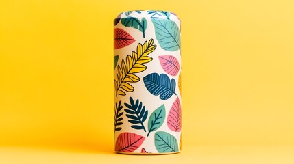 Obraz premium Vibrant Biodegradable Pill Bottle with Floral Pattern Against a Bright Yellow Background Ideal for Eco-Friendly Product Display and Marketing