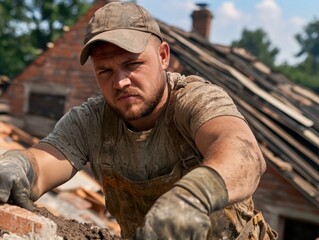 Fototapeta premium Skilled brickwork and plastering by a dedicated laborer, ensuring durability and craftsmanship on a rooftop a focused professional carefully laying bricks for a strong, lasting structure The