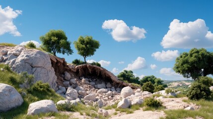 Scenic landscape with rocky terrain and lush trees under a blue sky.