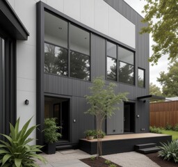 Fototapeta premium Modern architectural design featuring large windows and a landscaped entrance.