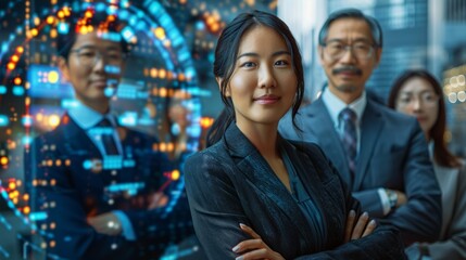 Diverse business team with tech overlay.