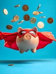 Obraz premium Superhero Piggybank, Empowering Savings and Financial Growth with Motivation and Vision, A Superhero Piggybank Embodying Savings, Security, and Independence