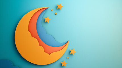 Obraz premium Creative Paper Cutout Illustration of a Colorful Moon and Stars Against a Soft Sky Background