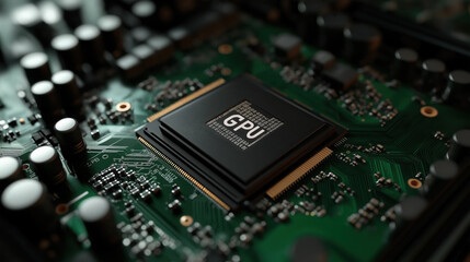 Obraz premium Close-Up of GPU Chip on Green Motherboard: Technology for Gaming and Computing