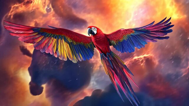 Colorful parrot soaring through a dramatic sky filled with vibrant clouds and intense colors near a majestic horse silhouette