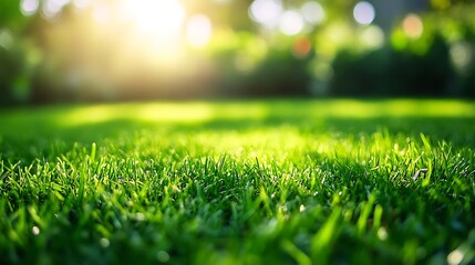 Naklejka premium Fresh Green Grass Lawn in Sunlight. Concept of Nature, Outdoors, and Relaxation.