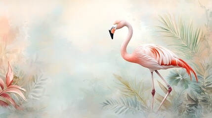 Flamingo with butterfly tropical garden digital art serene atmosphere side view nature concept