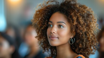 Fototapeta premium Young woman with curly hair looking thoughtfully.