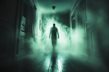 Fototapeta premium Haunted Mansion Corridor A Figure Emerges from the Mist