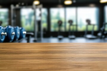Wooden Table in Modern Gym with Exercise Equipment in Background