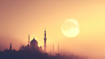 Fototapeta premium Majestic Mosque Silhouette At Sunrise With A Full Moon