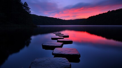 Serene sunset over calm lake with stepping stones.