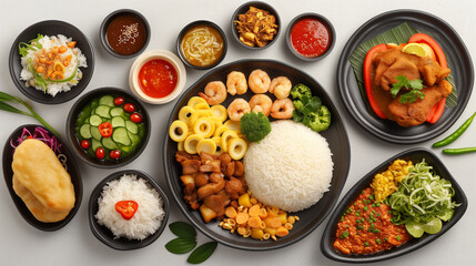A Vibrant Spread of Delicacies Featuring Rice, Seafood, and Colorful Vegetables Perfect for a Feast