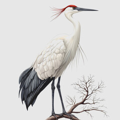 Obraz premium Cranes Bird Standing on Branch with Red Head in Natural Habitat Captured with Professional Composition Lighting and Perspective for Stunning Stock Photography