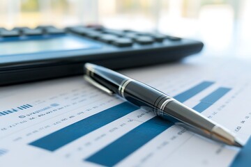 Financial analysis documents with calculator and pen. Concept of business, accounting, and finance.