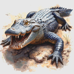 Fototapeta premium Crocodile Basking in the Sun with Mouth Open Displaying Teeth Wild Animal Photography Nature Wildlife Exposure Composition Lighting Perspective