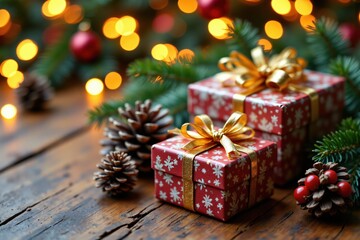 Festive Christmas Gifts with Golden Ribbons and Holiday Decorations