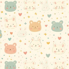 Cute Animal Pattern: Pastel Bunnies, Stars, and Hearts in a Cheerful and Playful Design, Adorable Animal Faces with Colorful Hearts and Stars in a Seamless Pattern