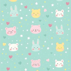 Cute Animal Pattern: Pastel Bunnies, Stars, and Hearts in a Cheerful and Playful Design, Adorable Animal Faces with Colorful Hearts and Stars in a Seamless Pattern