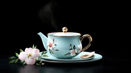 Fototapeta premium Elegant teapot with floral design and steaming tea.