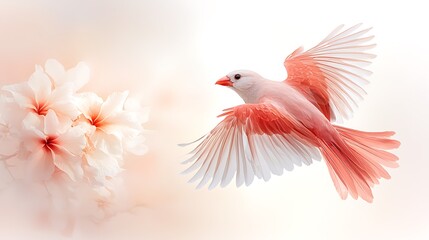 Elegant pink bird in flight amid blooming flowers nature scene soft focus dreamy aesthetic