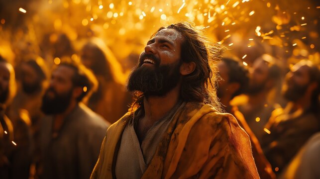 The Day of Pentecost: The Holy Spirit Descends Upon Jesus's Disciples with Tongues of Fire, Biblical New Testament Depiction, Copy Space