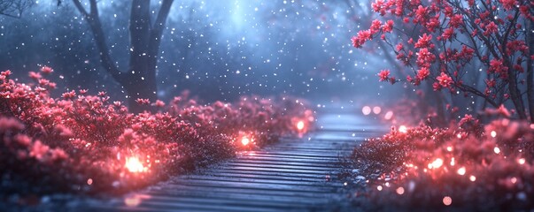 Fototapeta premium Enchanting path through a mystical forest with glowing pink flowers and snowfall.