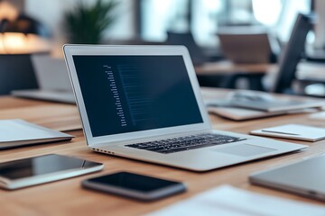 Modern workspace with laptop, tablet, and phone. Concept of productivity, technology, and business.