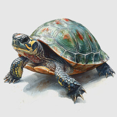 Obraz premium Painted Turtle on White Background Stunning Close-Up Photography Showcasing Nature and Wildlife with Perfect Lighting and Composition Ideal for Educational and Commercial Use